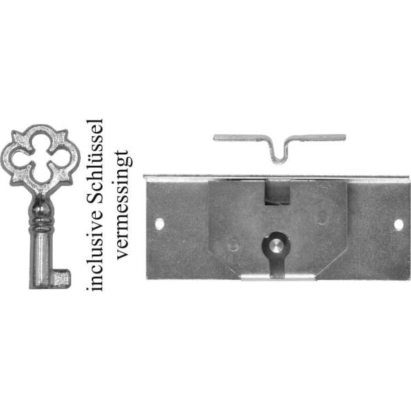 Einlassschatullenschloß, in hellvermessingt, mit antikem Schlüssel, Dorn 14mm. Für kleine Truhen oder Schmuckkästchen