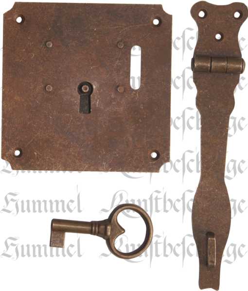 Altes Truhenschloss antikes mit Überwurf und altem Schlüssel, Eisen gerostet, Mittelalter Truhenschlösser antike alte, Schloss für Truhe