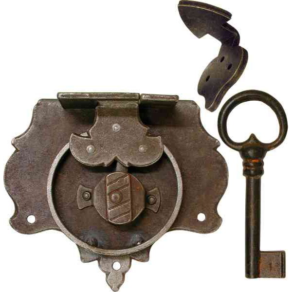 Antik Truhenschloss wie aus dem Mittelalter mit Haken und Schlüssel, Eisen gerostet, Dornmaß 60mm, Truhenschlösser antike alte