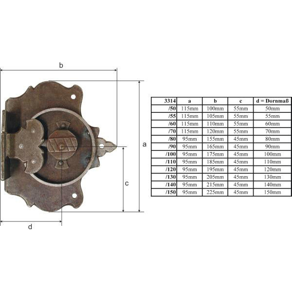 Antik Truhenschloss alt, mit Haken und Schlüssel, Eisen gerostet, Dorn 110mm, Mittelalter Truhenschlösser antike alte, antikes Schloss für Truhe, schönes Modell Bild 3