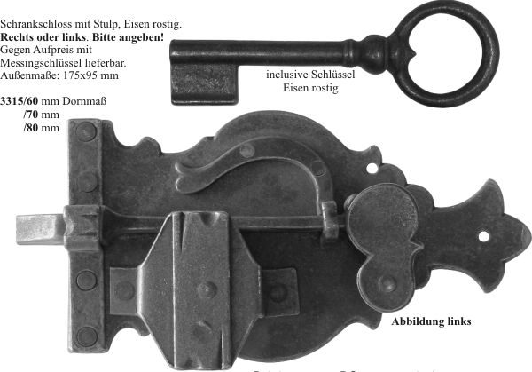 schweres Schrankschloss in Eisen gerostet und gewachst mit Schlüssel, Dorn 70mm links Bild 3