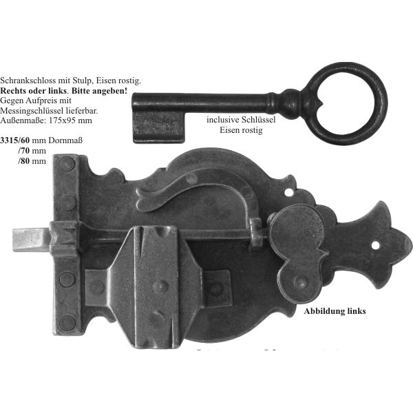 schweres Schrankschloss, Eisen gerostet dann gewachst mit Schlüssel, Dornmaß 80mm links Bild 3