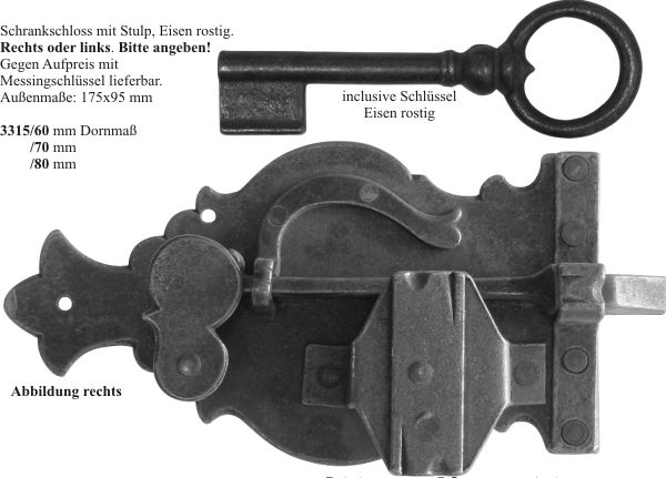 schweres Schrankschloss aus Eisen gerostet und gewachst mit Schlüssel, Dorn 60mm rechts Bild 3