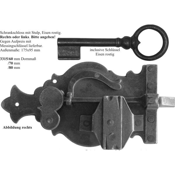 schweres Schrankschloss aus Eisen gerostet und gewachst mit Schlüssel, Dorn 60mm rechts Bild 3