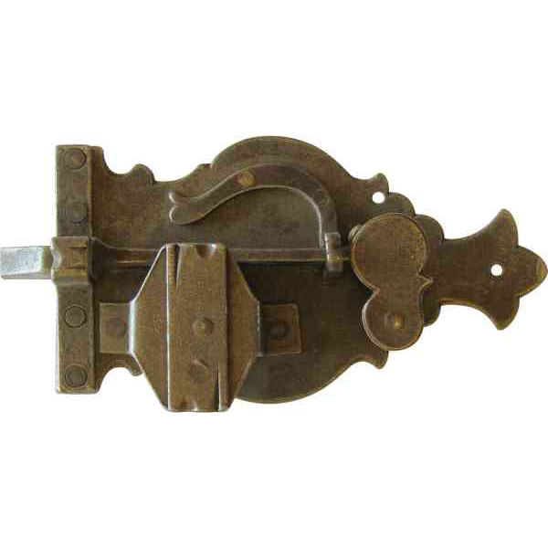 schweres Schrankschloss, Eisen gerostet dann gewachst mit Schlüssel, Dornmaß 80mm links