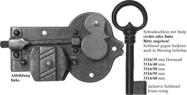 Schrankschloss nostalgisch, Eisen gerostet und gewachst mit Schlüssel, Dorn 50mm links Bild 3