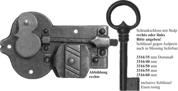 Schrankschloss antik, Eisen gerostet und gewachst mit Schlüssel, Dorn 35mm rechts Bild 3