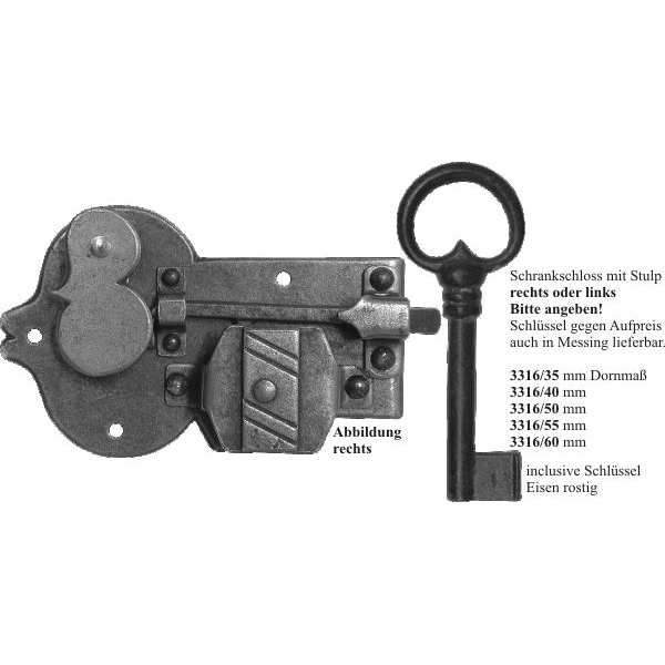 Schrankschloss altertümlich, Eisen gerostet und gewachst mit Schlüssel, Dorn 50mm rechts Bild 3