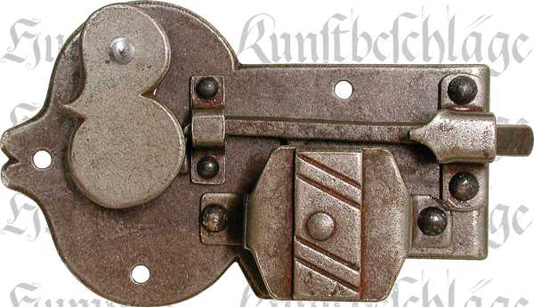 Schrankschloss antik, Eisen gerostet und gewachst mit Schlüssel, Dorn 35mm rechts