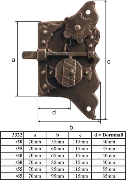 Schrankschloss, Eisen gerostet und gewachst mit Schlüssel, Dorn 65mm links. Einzelstück, nur noch 1 Stück verfügbar. Bild 3