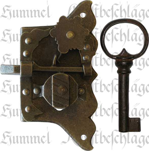 Schrankschloss, Eisen gerostet und gewachst, mit Schlüssel, Dorn 40mm links, Einzelstück, nur 1 x verfügbar