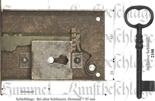 Schnappriegel-Kastenschloss, Eisen gerostet und gewachst, mit Schlüssel, Dorn 120mm für Schublade Bild 2