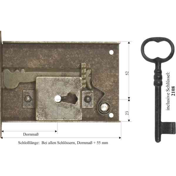 Schnappriegel-Kastenschloss, Eisen gerostet und gewachst, mit Schlüssel, Dorn 120mm für Schublade Bild 2