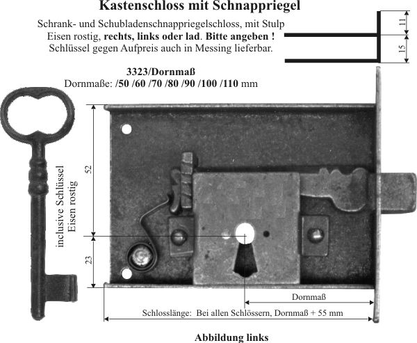 Schnappriegel-Kastenschloss, Eisen gerostet und gewachst, mit Schlüssel, Dorn 150mm links Bild 2