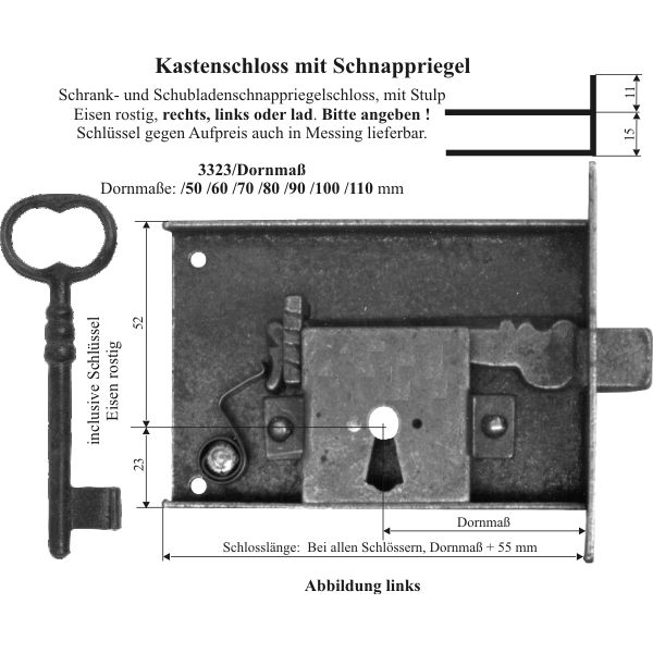 Schnappriegel-Kastenschloss, Eisen gerostet und gewachst, mit Schlüssel, Dorn 130mm links Bild 2