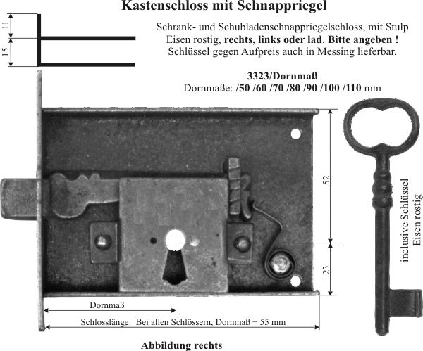 Kastenschloss, Eisen gerostet und danach gewachst, mit Schlüssel, Dorn 110mm rechts, Schnappriegel Bild 3