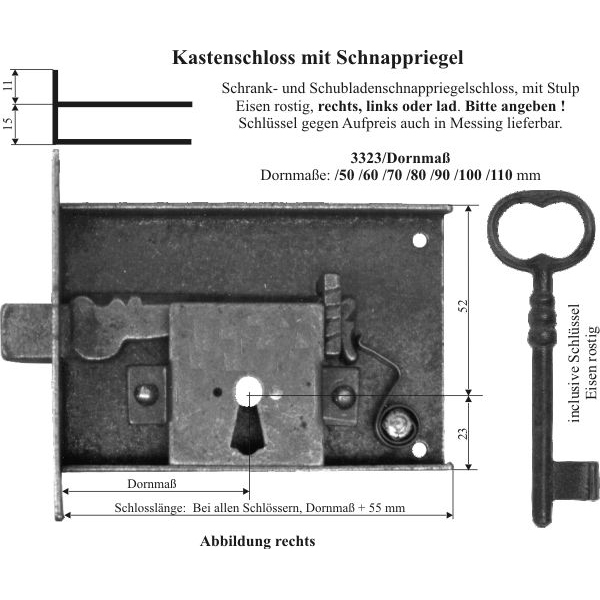 Kastenschloss, Eisen gerostet dann gewachst, mit Schlüssel, Dornmaß 100mm rechts, Schnappriegel Bild 3