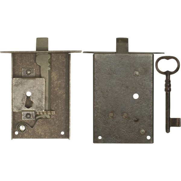 Kastenschloss, Eisen gerostet und gewachst, mit Schlüssel, Dornmaß 100mm für Schublade, Schnappriegel