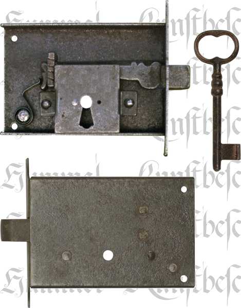 Schnappriegel-Kastenschloss, Eisen gerostet und gewachst, mit Schlüssel, Dorn 150mm links
