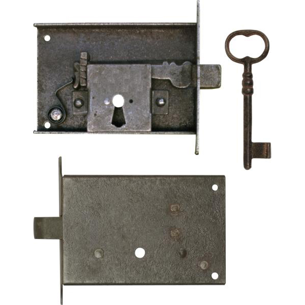 Kastenschloss, Eisen gerostet und dann gewachst, mit Schlüssel, Dornmaß 110mm links, Schnappriegel
