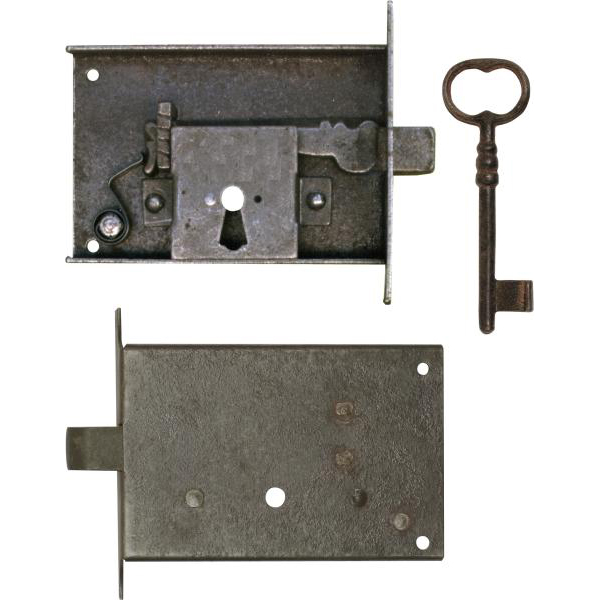 Schnappriegel-Kastenschloss, Eisen gerostet und gewachst, mit Schlüssel, Dorn 130mm links