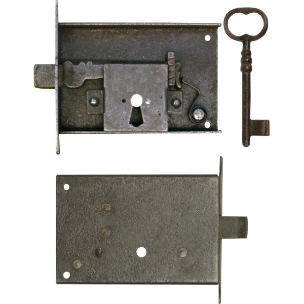 Kastenschloss, Eisen gerostet dann gewachst, mit Schlüssel, Dornmaß 100mm rechts, Schnappriegel
