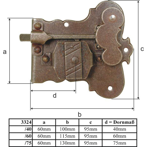Schrankschloss, Eisen gerostet und gewachst mit Schlüssel, Dorn 60mm links Bild 3