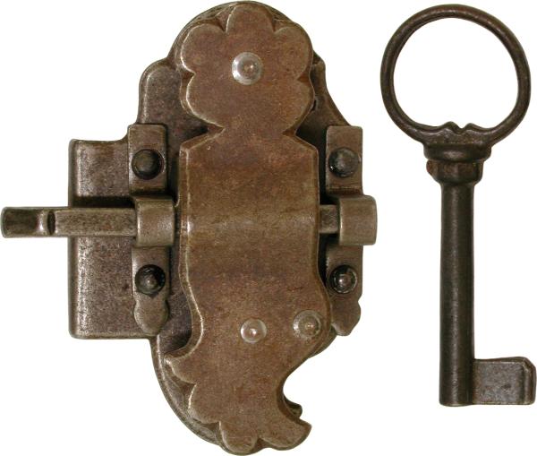 Vitrinenschloss antik, alt, Eisen gerostet und gewachst mit Schlüssel, Dorn 40mm links