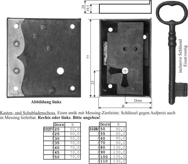 Kastenschloß links+rechts Eisen Dornmaß 50 mm Schloss mit Schlüssel antik Retro 