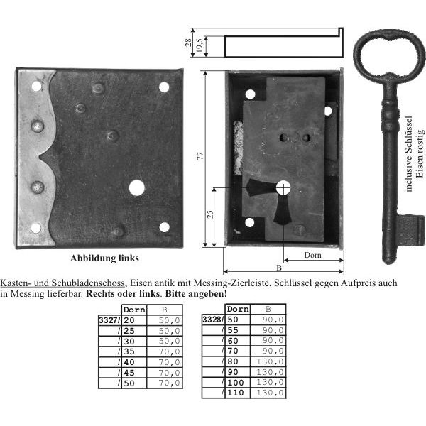 Kastenschloss historisches, Eisen antik, mit Schlüssel, Dorn 100mm links, Kastenschlösser alt, historisch, für Möbel mit Schubladen wie Kommode und Schrank Beschläge Bild 3