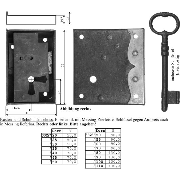 Kastenschloss nostalgisches, Eisen antik, mit Schlüssel, Dorn 50mm rechts, Kastenschlösser alt, historisch, für Möbel mit Schubladen wie Kommode und Schrank Beschläge Bild 3