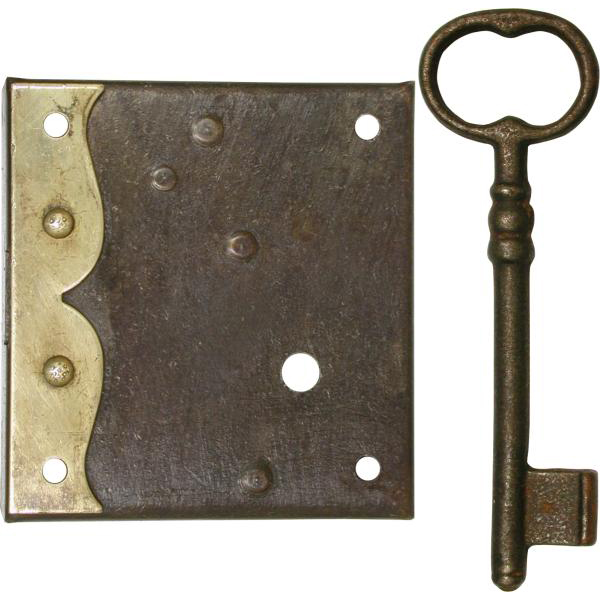 Kastenschloss rustikal, Eisen antik, mit Schlüssel, Dornmaß 30mm links, Kastenschlösser alt, historisch