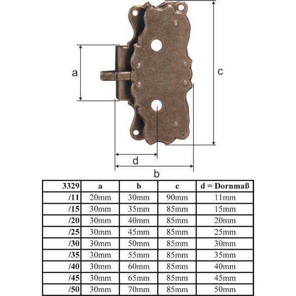 Vitrinenschloss, Eisen gerostet und gewachst mit Schlüssel, Dornmaß 40mm, rechts und links verwendbar Bild 3