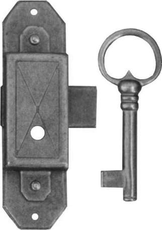 Vitrinenschloss nostalgisch ohne Stulpe, altvermessingt mit Schlüssel, Dorn 30mm, rechts und links verwendbar