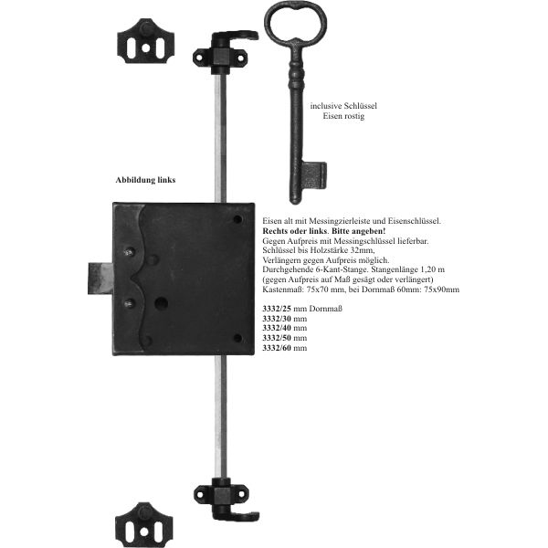 Drehstangenschloss antik, tolle Qualität, Eisen gerostet und gewachst, mit Stange, Zubehör und Schlüssel komplett, Dorn 40mm links, für Kleiderschrank antik, Drehstangenschlösser Bild 3