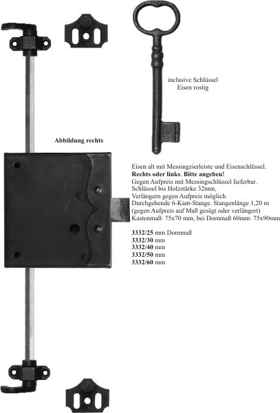 Drehstangenschloss in alter Oberfläche, Eisen gerostet und gewachst, mit Stange, Zubehör und Schlüssel komplett, Dorn 50mm rechts Bild 3