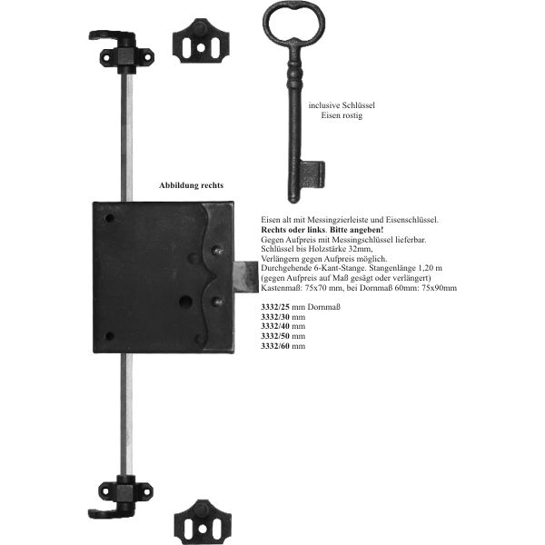 Drehstangenschloss altertümlich, in Eisen gerostet und gewachst, mit Stange, Zubehör und Schlüssel komplett, Dorn 30mm rechts, für Kleiderschrank antik, Drehstangenschlösser Bild 3