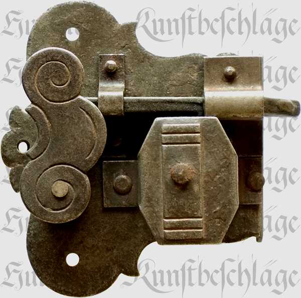 Schrankschloss, Eisen gerostet und gewachst mit Schlüssel, Dorn 40mm rechts, Schrankschlösser antik alt rustikal nostalgisch historisch