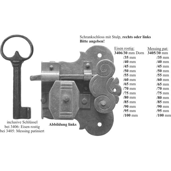 Schrankschloss, Messing patiniert, mit Schlüssel, Dorn 30mm links, Schrankschlösser antik alt rustikal nostalgisch historisch Bild 3