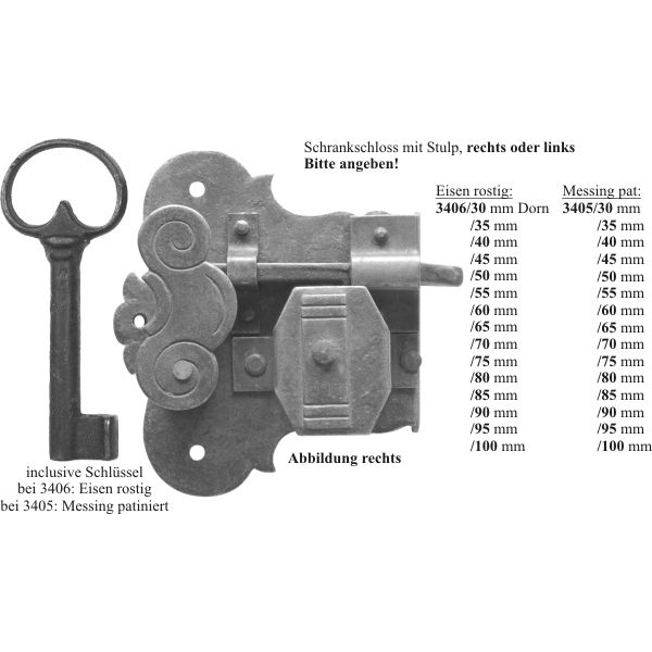Schrankschloss, Eisen gerostet und gewachst mit Schlüssel, Dorn 45mm rechts, Schrankschlösser antik alt rustikal nostalgisch historisch Bild 3