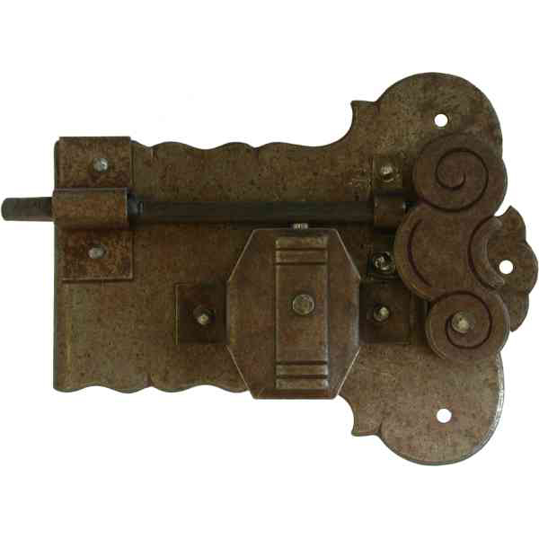 Schrankschloss, Eisen gerostet und gewachst mit Schlüssel, Dornmaß 90mm links, Schrankschlösser antik alt rustikal nostalgisch historisch