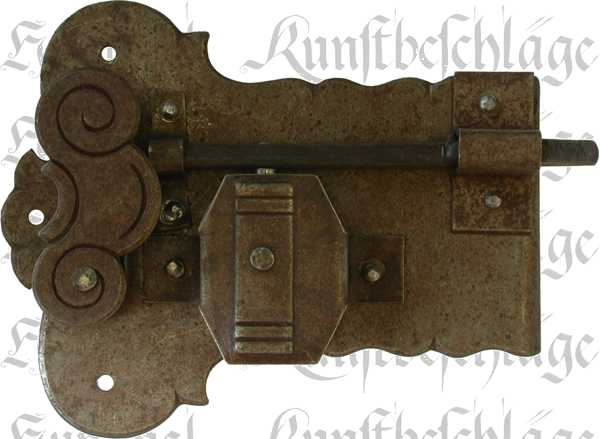Schrankschloss, Eisen gerostet und gewachst mit Schlüssel, Dorn 65mm rechts, Schrankschlösser antik alt rustikal nostalgisch historisch