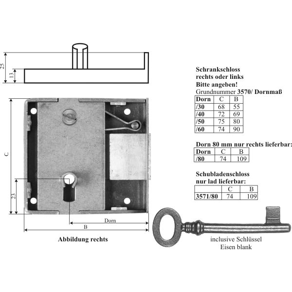 Kastenschloss schwer, mit Schlüssel, Eisen blank, Dorn 25mm links Bild 2