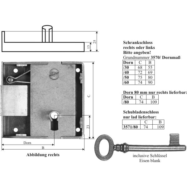 Kastenschloss schwer, mit gegossenem Schlüssel, Eisen blank, Dorn 60mm rechts. Sehr stabile, hochqualitative Ausführung Bild 3