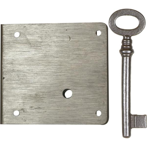 Kastenschloss schwer, mit nostalgischem Schlüssel, Eisen blank, Dornmaß 40mm links. Sehr stabile, hochqualitative Ausführung