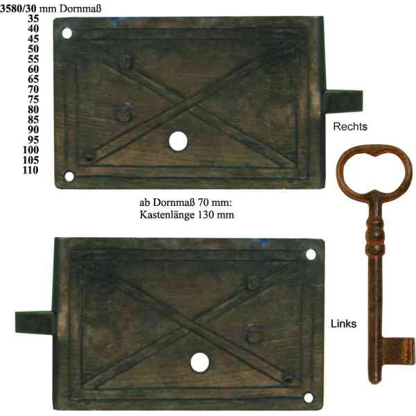 Schrankschloss rustikal, Eisen gerostet und gewachst, Dorn 100mm rechts Bild 2