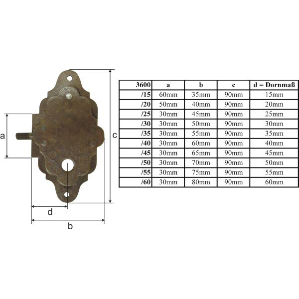 Vitrinenschloss, Eisen gerostet und gewachst, ohne Stulpe, Dornmaß: 30mm, links Bild 3