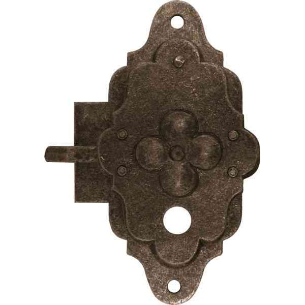 Vitrinenschloss, Eisen gerostet und gewachst ohne Stulpe, 30 mm Dornmaß links