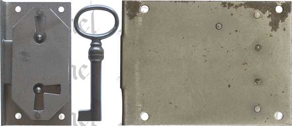 Einlassschloß altertümlich für Möbel, Eisen blank, mit Schlüssel, Dorn 35mm, links und rechts verwendbar