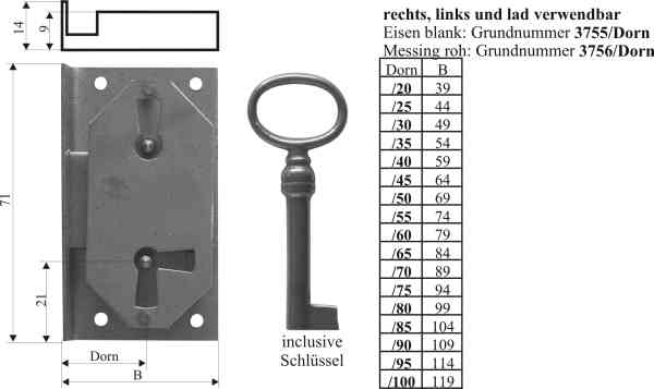 Einlassschloß alt für antike Möbel, Eisen blank, mit Schlüssel, Dorn 20mm, links und rechts verwendbar Bild 3